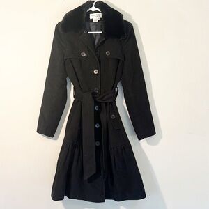Anthropologie x Helene Berman Black Belted Collar ruffle coat women size XS